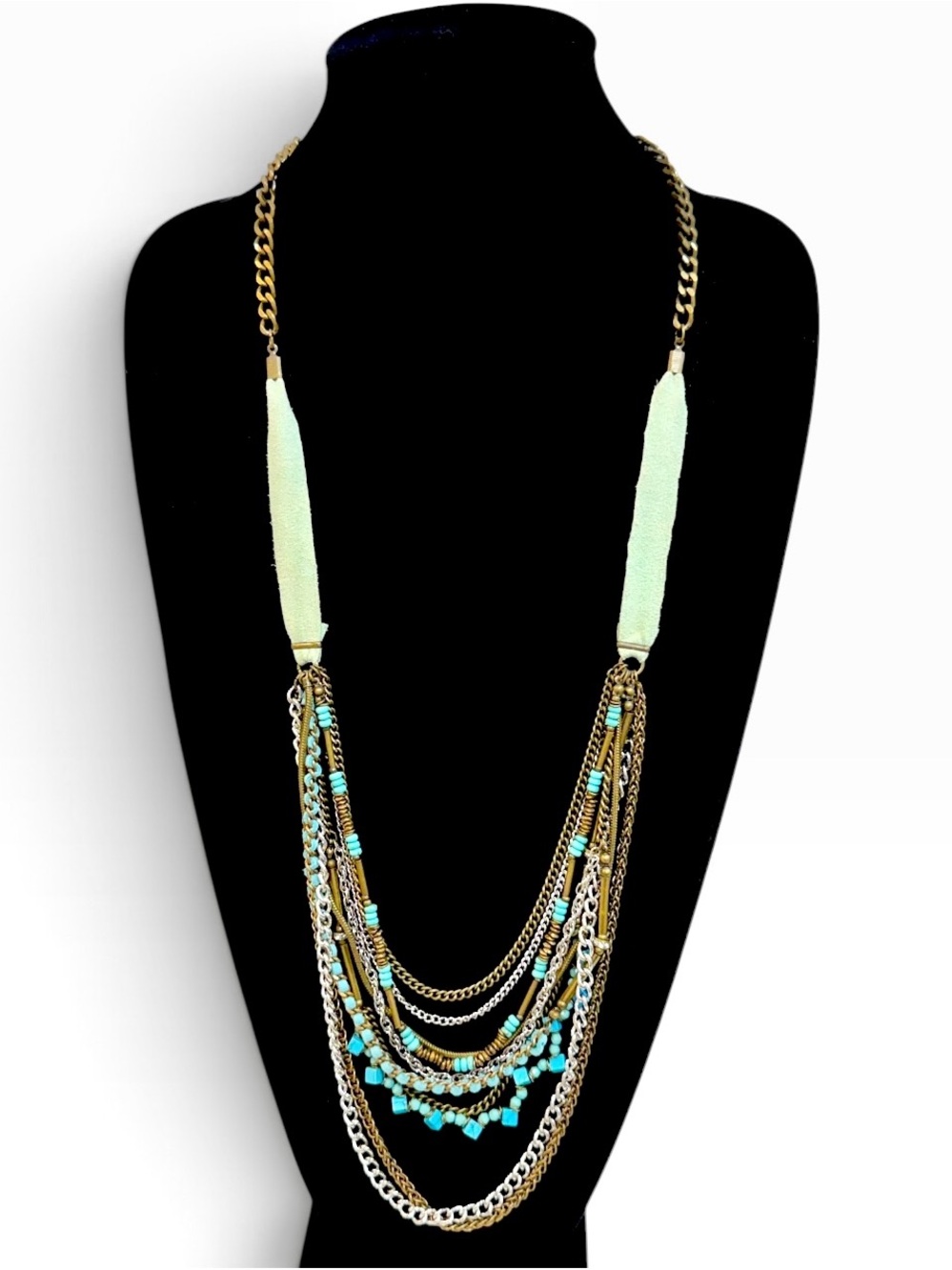 CHICO’S Mint Suede Turquoise Bead Mixed Metal Layered Necklace NWT